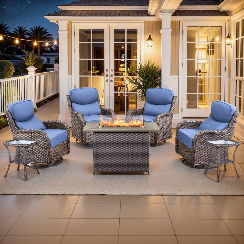 Pocassy Outdoor 6 Inch Sofa Chair Ottoman with Fire Pit Table Set - Brown Wicker Blue Cushion - 7 Pieces Swivel Chair Table with Fire Table