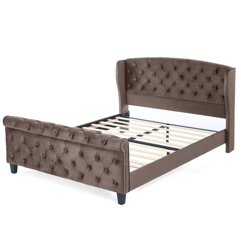 Christopher Knight Home - Amara Traditional Velvet Upholstered Sleigh Bed with Wingback Headboard & Scroll Footboard, Queen Size