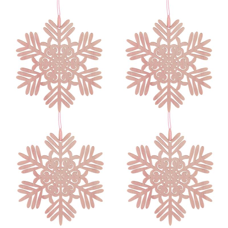 Snowflake Shaped Cut-Out Wooden Christmas Ornaments - 4.75" - Pink - Set of 4