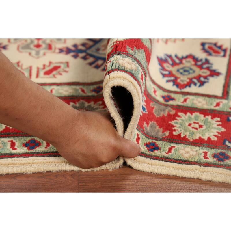 Beige Geometric Kazak Foyer Rug Oriental Handmade Wool Carpet - 3'6" x 5'1"