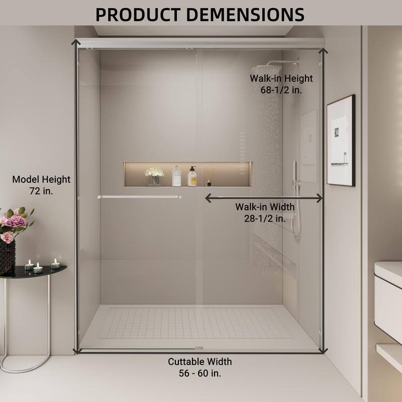 ABRUZZO 56-60" W x 72" H Semi-Frameless Double Sliding Tempered Glass Shower Door with Dual Towel Bars