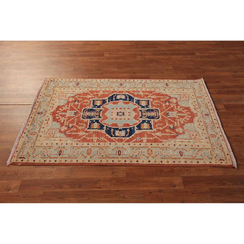 Orange Vegetable Dye Heriz Serapi Rug Hand-Knotted Wool Carpet - 3'1"x 4'10"