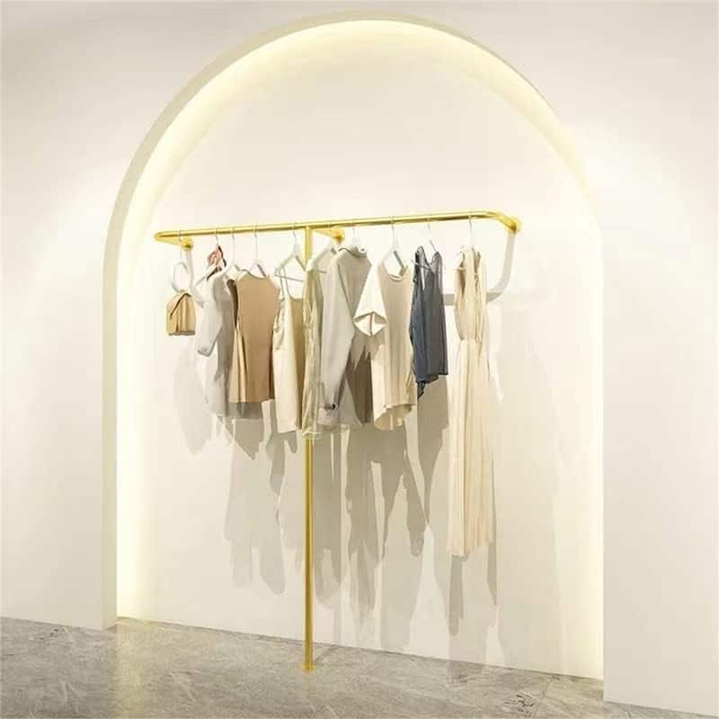 Industrial Pipe Clothes Rack - 11.8"D x 42.7"W x 63"H - Gold