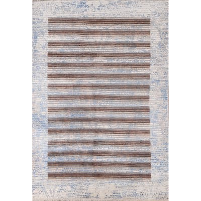 Striped Abstract Accent Rug Wool Carpet - 3'11"x 6'0"