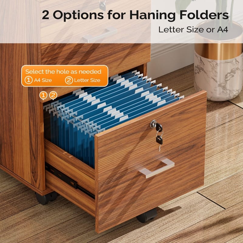 2 Drawer Wood File Cabinet, Lock Mobile Cabinet