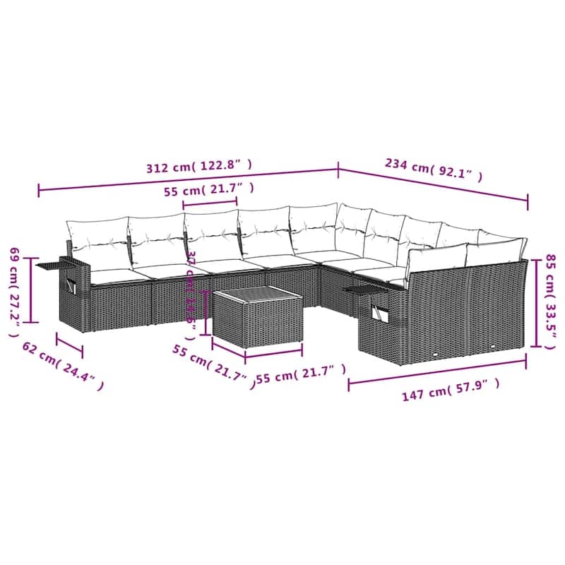 vidaXL 11 Piece Patio Sofa Set with Cushions Black Poly Rattan - 24.4" x 24.4" x 27.2"