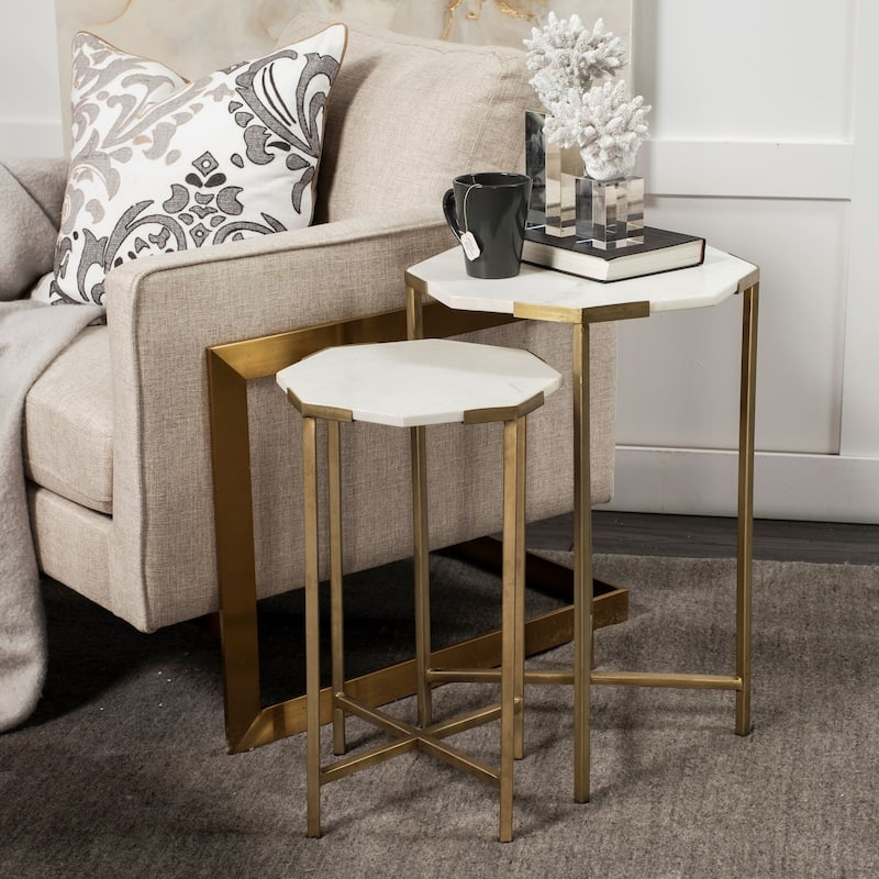 Vincent II White Marble and Iron Octagon Side Tables (Set of Two)