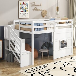 Twin Size Loft Bed with Storage Staircase and Window, Wood Bedframe