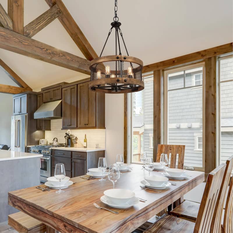 Farmhouse 5-Light Wood Drum Chandelier for Dining Room