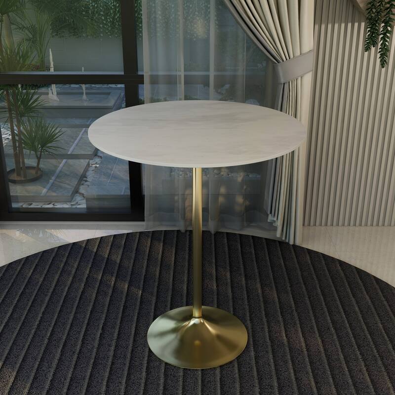 LeisureMod Verve 36" Bar Dining Table with Sintered Stone Round Top in Gold Steel, Gold Marbleized