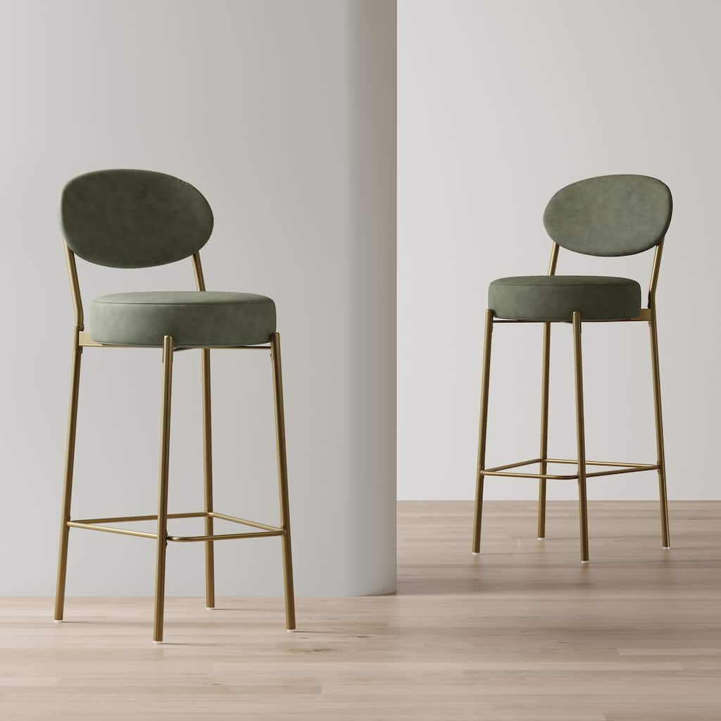 29'' H Seat Height Upholstered Bar Stools Set of 2, Faux Leather/Velvet(Green/White) Counter Dining Stool, Round Kitchen Chairs