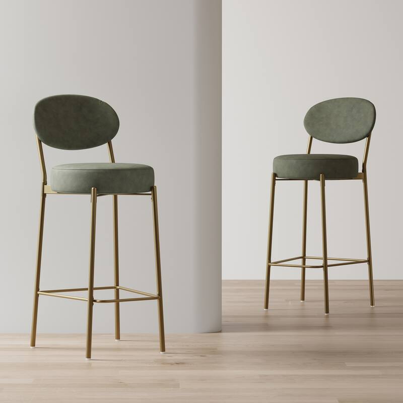 Set of 2 29" Faux Leather Bar Stools with Golden Legs, Modern Round Kitchen Counter Dining Chairs - Green