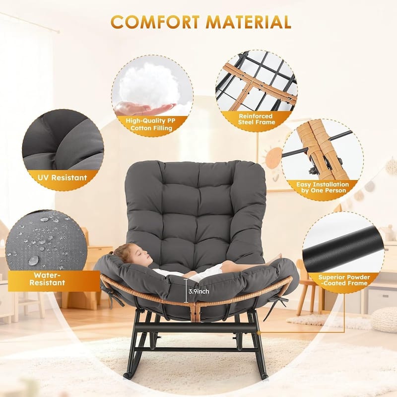 Papasan Rocking Sofa Chair with Extendable Footrest for Porch, Lawn, Bedroom and Living Room