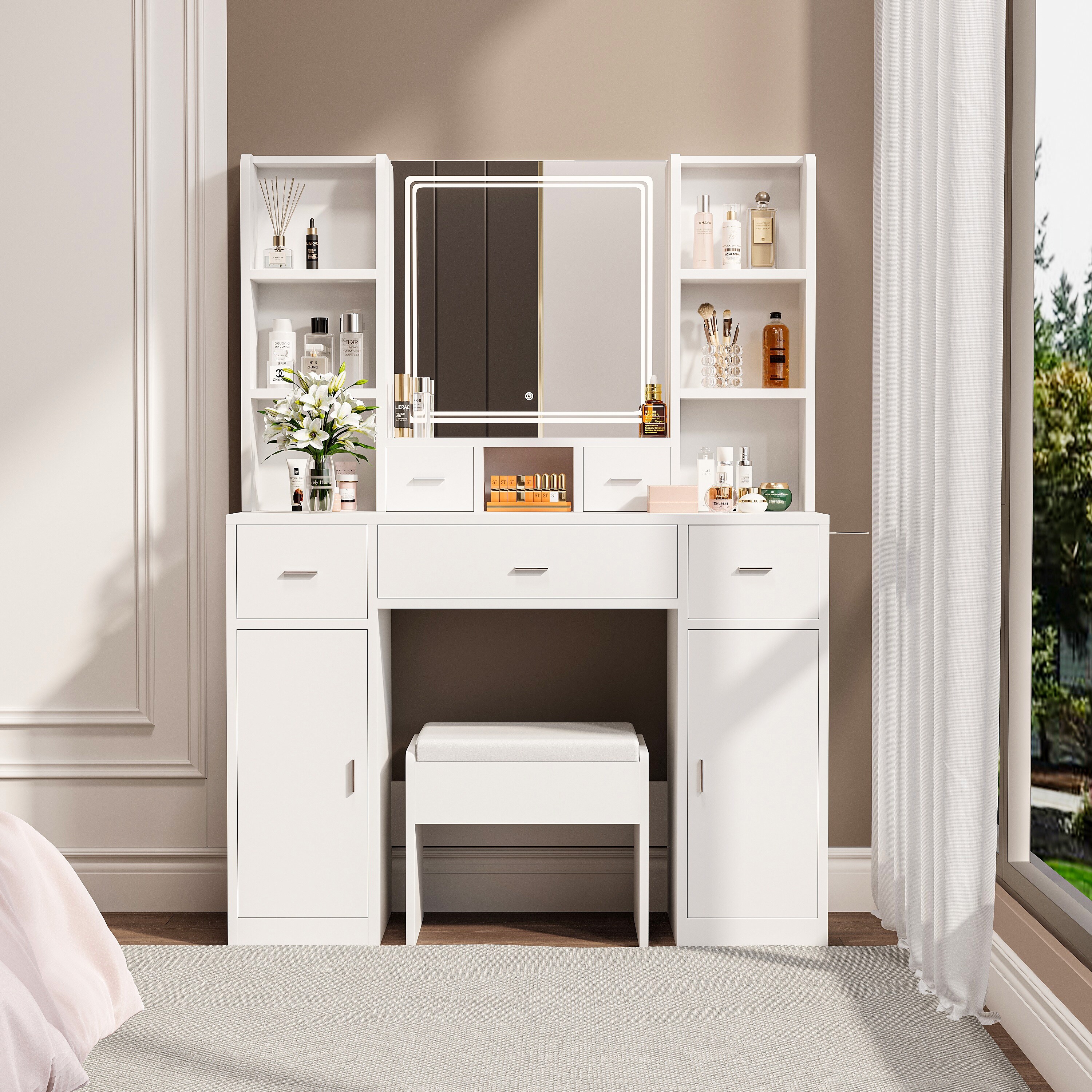 Dressing Table with LED 3 color Mirror and Power Outlet 5 Drawers Storage Box and Shelf with Cushioned Stool Bed Bath Beyond 42477793