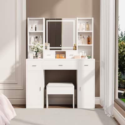Dressing Table with LED Mirror and Hair Dryer Rack, Dressing Tables with Dressing Stools, for Bedroom and Dressing Room