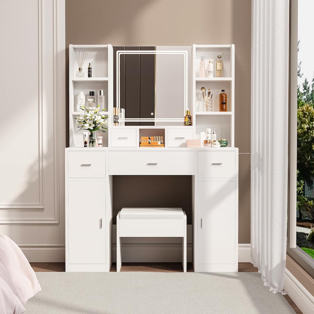 Dressing Table with LED Mirror and Hair Dryer Rack, Dressing Tables with Dressing Stools, for Bedroom and Dressing Room