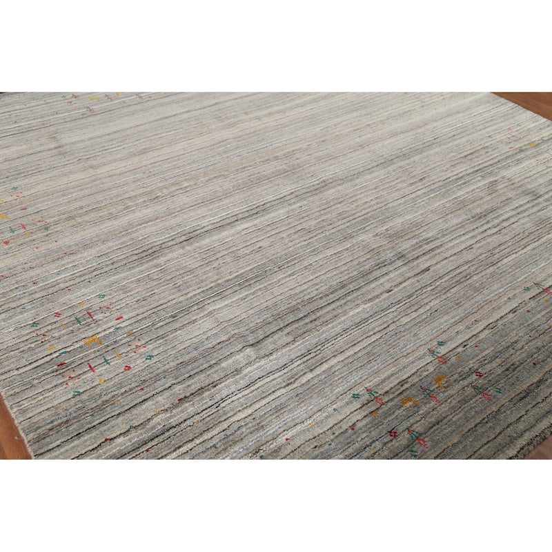 Striped Gabbeh Square Rug Hand-Knotted Gray Wool Carpet - 7'11"x 7'11"
