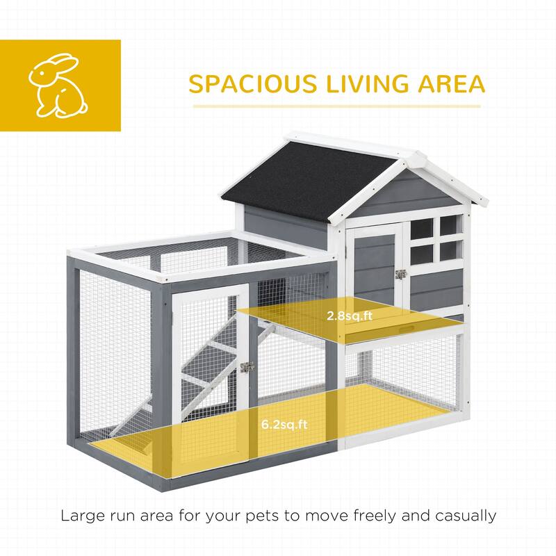 PawHut 48" Wooden Rabbit Hutch Bunny Cage with Waterproof Asphalt Roof, Fun Outdoor Run, Removable Tray and Ramp