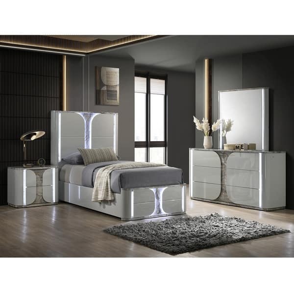 slide 2 of 28, Furniture of America Sherri Modern 4-Piece Light Grey Solid Wood Kids Platform Bedroom Set with LED Full