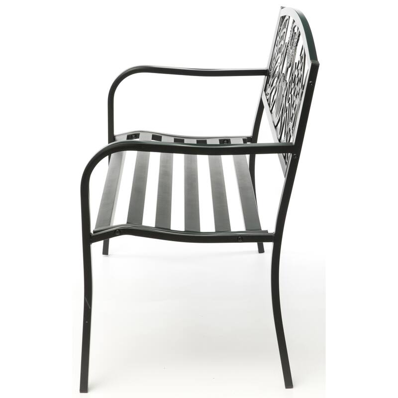 Steel Outdoor Patio Garden Park Seating Bench with Cast Iron "Patriotic American Flag and Eagle" Backrest, Front Porch Bench