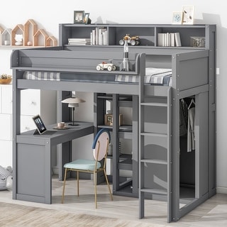Gray Twin Size Wood Loft Bed with Multiple Storage Shelves, Wardrobe, and Built-in Desk