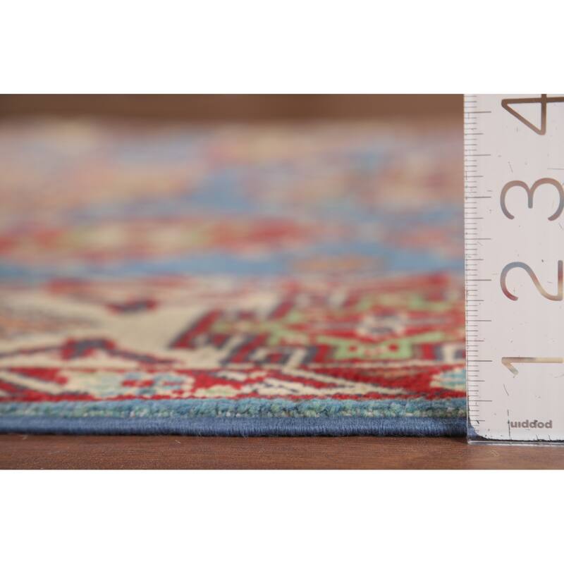 Blue Geometric Kazak Oriental Area Rug Handmade Wool Carpet - 4'10" x 6'7"