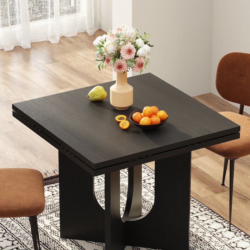 Folding Wood Grain Dining Table with Expandable Round Top Modern Sculptural Base