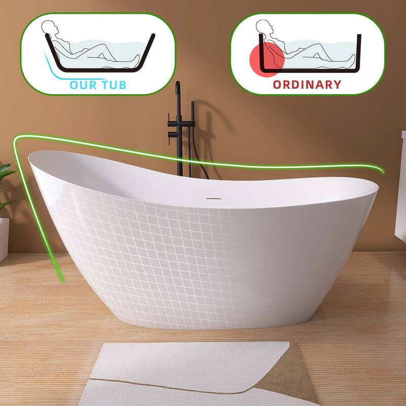 65 in. x 30 in. Acrylic Free Standing Soaking Bathtub with Center Drain in Glossy White