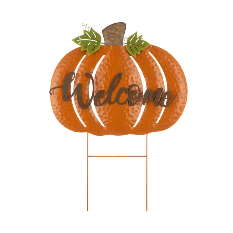 Glitzhome Fall Oversized Metal Pumpkin Yard Stake / Wall Decor / Standing Sign (Three Function)