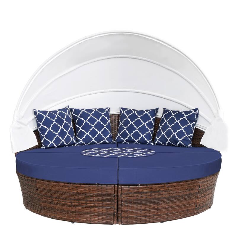 Ledel Wicker Outdoor Daybed 5-piece Sectional Sofa Set With Retractable Canopy and Cushions