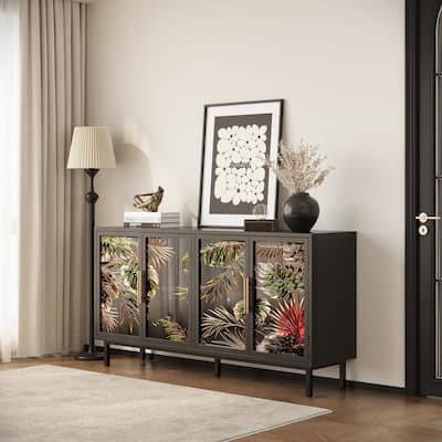 60.3" 4-Door Buffet Sideboard Cabinet, Glazed Art Storage Console