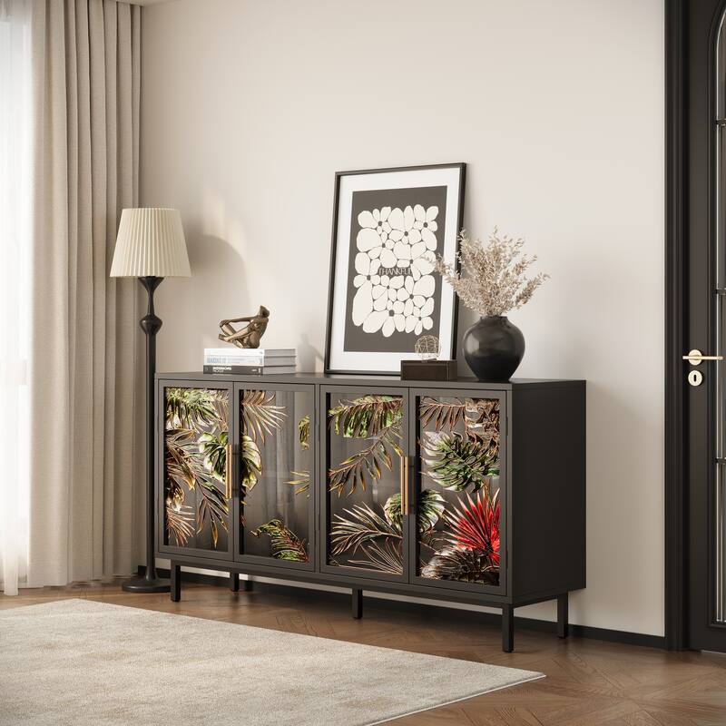 GDF Studio - Artistry Antique Glass Metal Frame Buffet Cabinet with 4 Doors - Black+Artistic Tropical