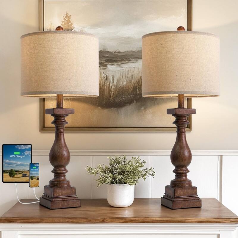 27" Farmhouse Table Lamp Set of 2 with USB A and C