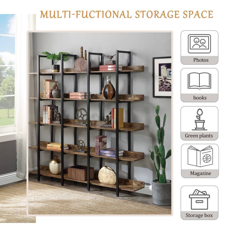 5 Tier Bookshelf Office Bookshelf Metal Frame MDF Board Industrial Style