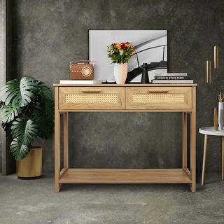 Wooden Console Table with 2 Drawers and Open Bottom Shelf,Natural - Bed ...