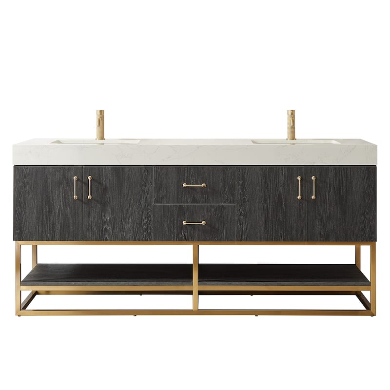 Alistair Bath Vanity with Grain White Stone Top without Mirror - 72in. - North American Black Oak