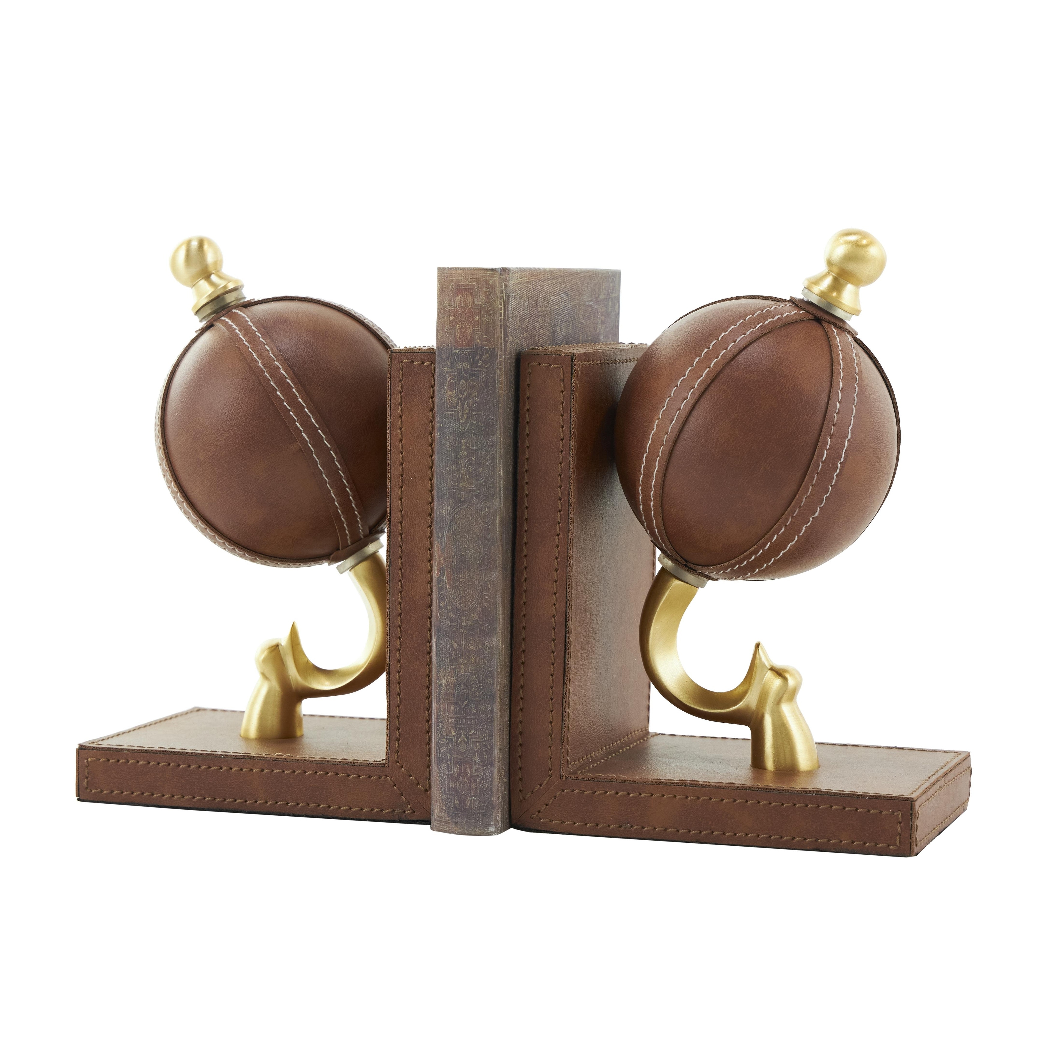 Roche River Decor - Leather Globe Handmade Stitched Bookends with Brown Wood Base - Set of 2 Brown
