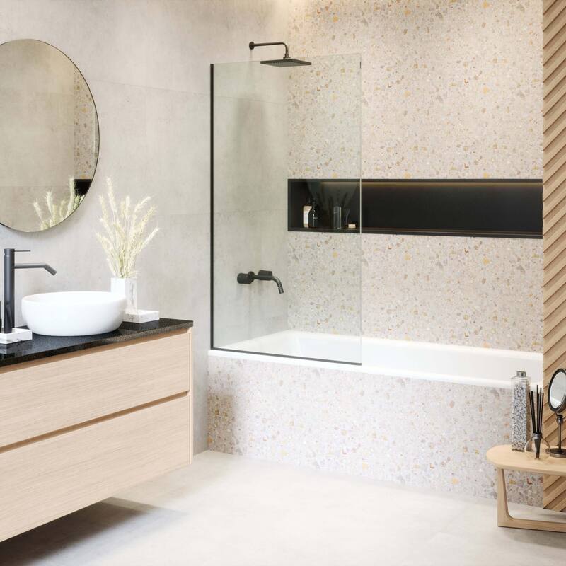 Frameless Fixed Tub Clear Tempered Shower Glass Panel - 30 Inch - Black