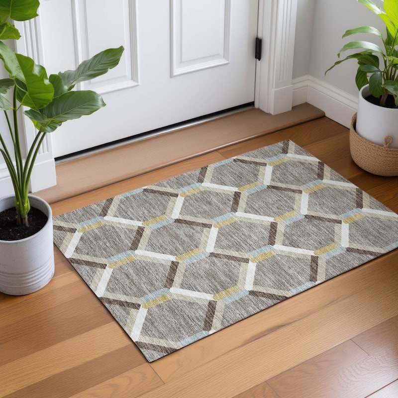 Machine Washable Indoor/ Outdoor Modern Trellis Chantille Rug
