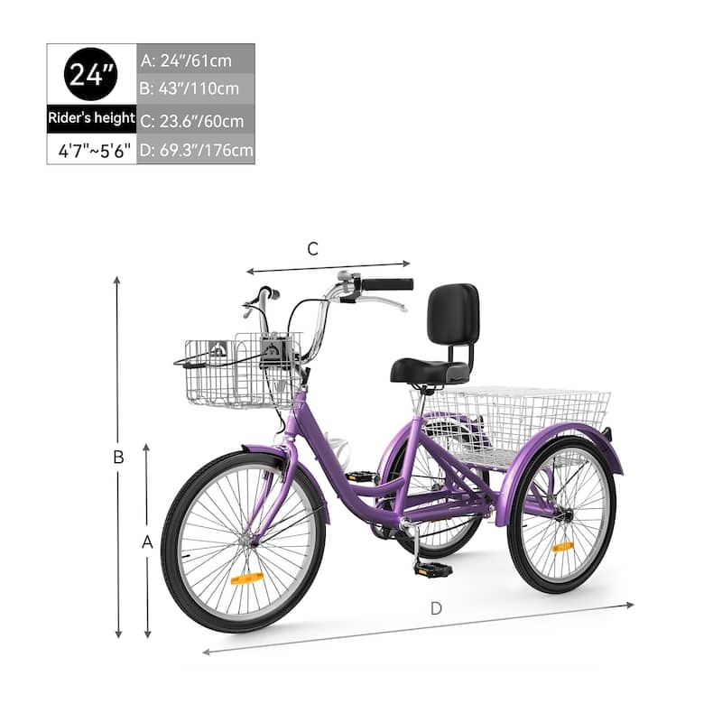 24"Purple Adult Tricycle 3 Wheel Bikes 1 Speed Trike Bike - 24"