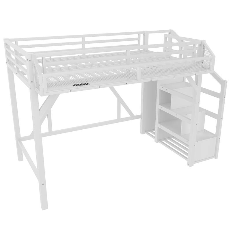 Twin XL/Twin Metal Loft Bed with Storage Stairs, Wardrobe, USB Ports & LED Lights