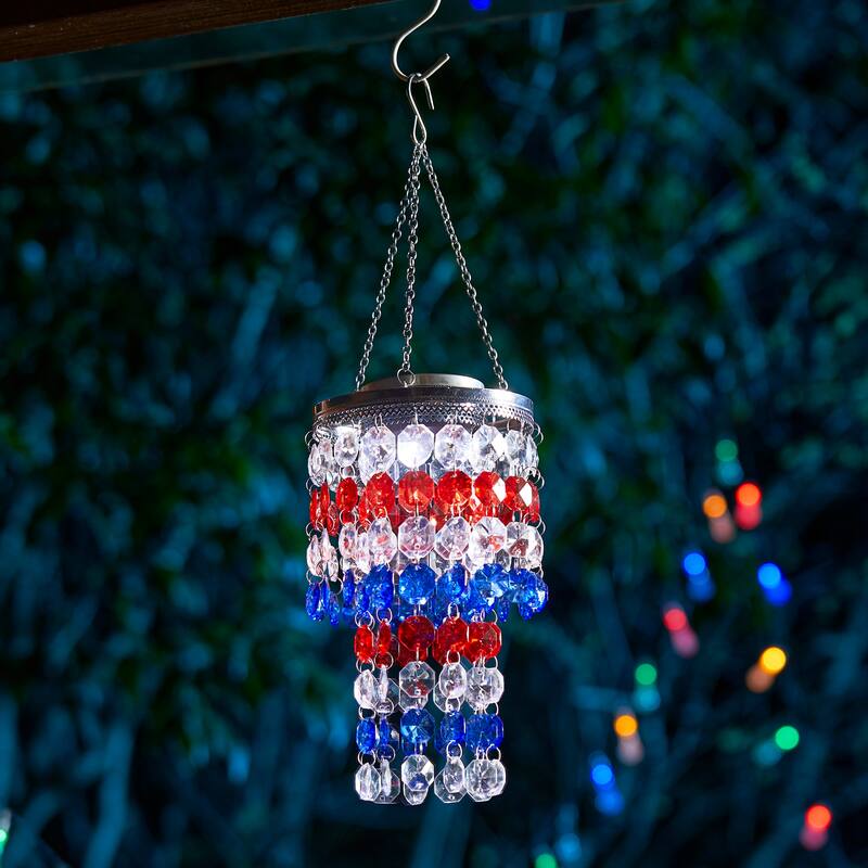 Glitzhome 19"H Solar Lighted Patriotic Wind Chime Hanging Decor