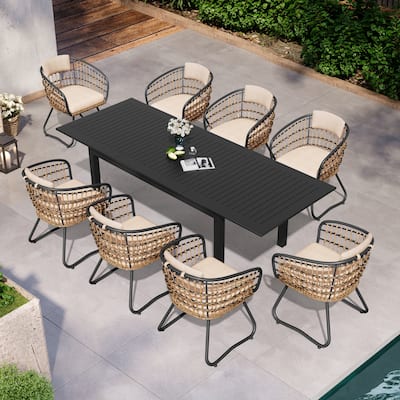 9PC Aluminum Extendable Patio Dining Sets Table Outdoor Rectangular with Rattan Chair
