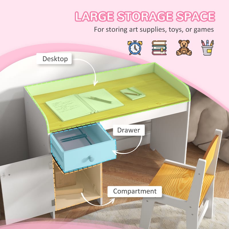 Qaba Kids Desk and Chair Set with Storage Drawer, Study Desk with Chair for Children for Arts & Crafts, White