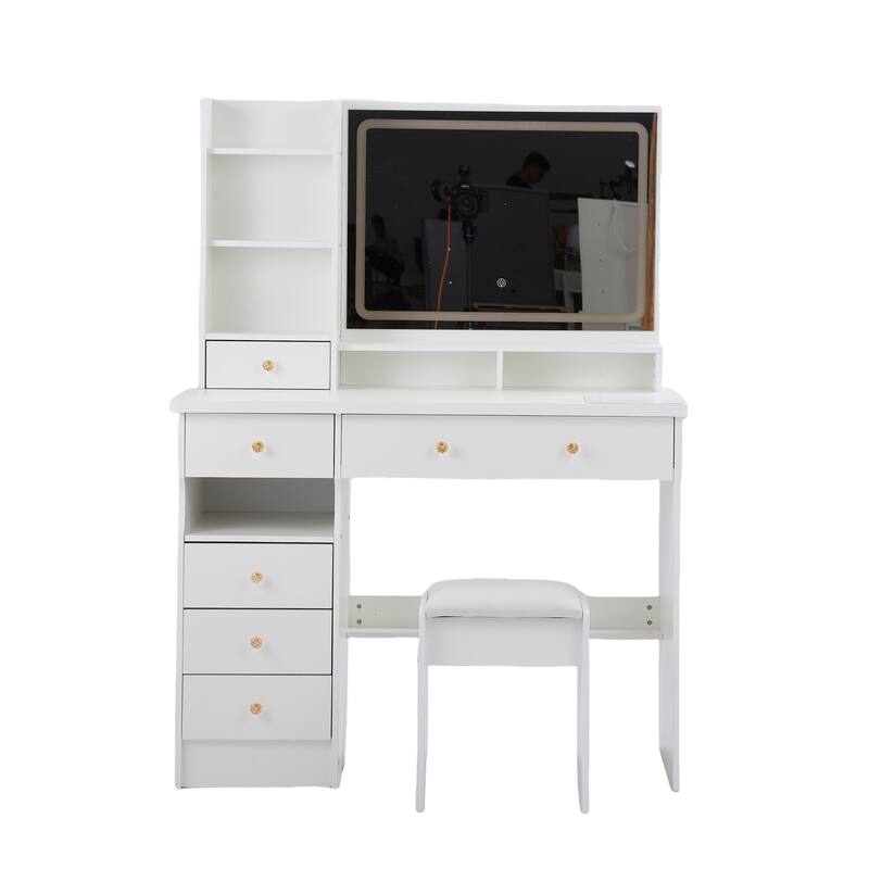 41" Vanity Set with 3-Color Adjustable LED Mirror & Cushioned Stool - White