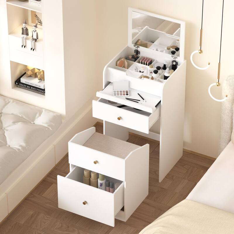 Anmytek Multifunctional Storage Unit White Vanity Desk with Mirror,Chair, Drawers for Small Spaces