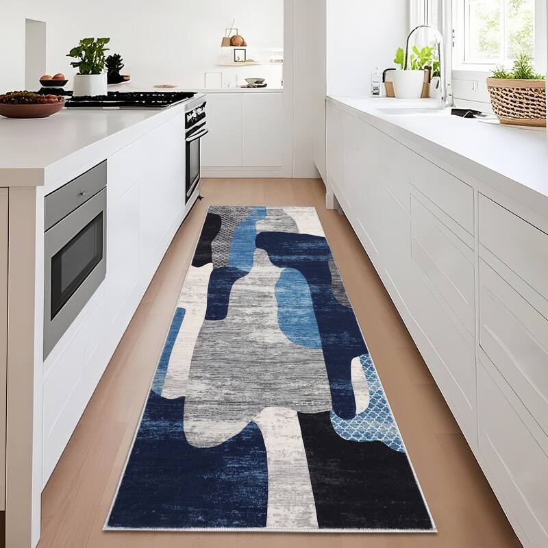 Area Rug Modern Abstract Rugs for Living Room Geometric Non-Slip Backing Low Pile Floor Carpet - 2'x6' - Blue