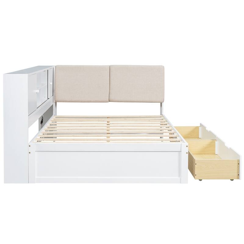 Wooden L-shaped Daybed Corner Bed with Storage Bookcase and USB Charging Ports