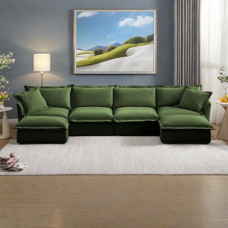 156.6" Chenille U-Shaped Sectional with 4-Seater and French Edge Pillows & Cloud Cushions - Green