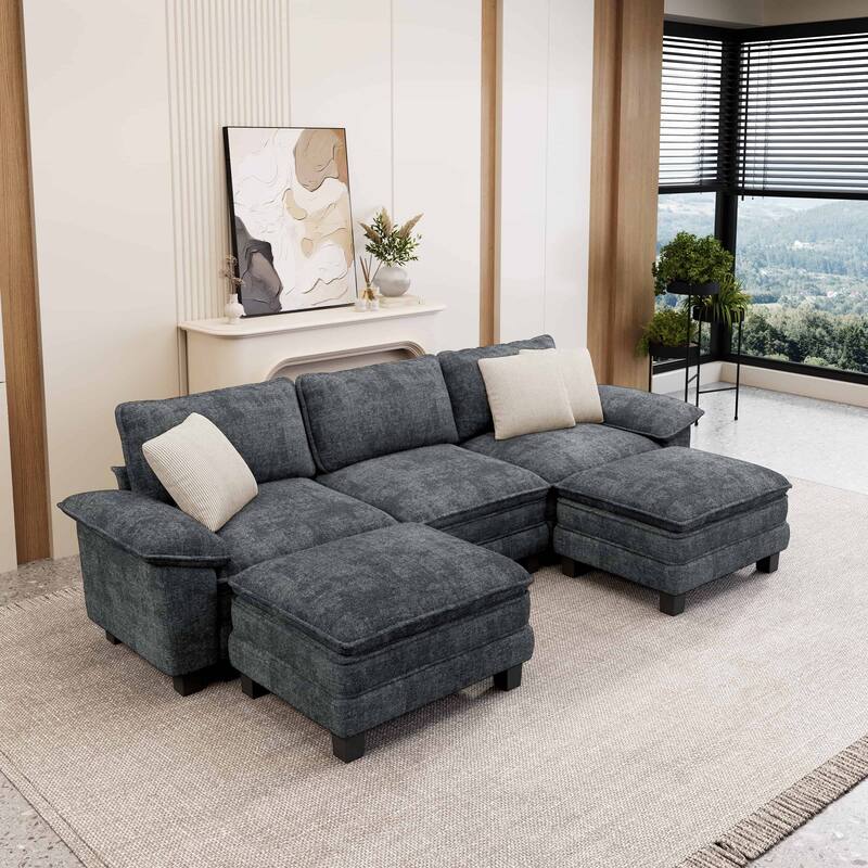 MAISON ARTS Modular Cloud Sectional Sofa, Comfy L- or U-Shaped Couch with Ottomans & Pillows, 4–6 Seat Living Room Sofa - Blue Grey ( 5 Pieces) - Symmetrical